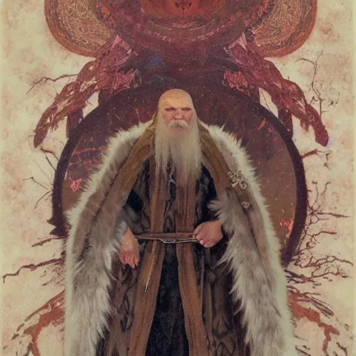 Image similar to portrait of bald, elderly Slavic Viking priest wearing thick furs and standing tall in the blizzard, with fading tattoos covering every inch of exposed skin, portrait by Anato Finnstark, Alphonse Mucha, and Greg Rutkowski