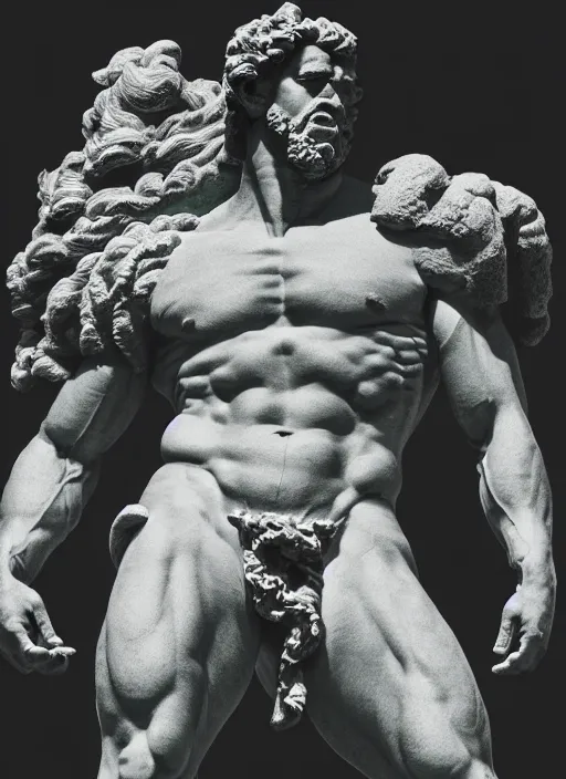 Image similar to statue of hercules looking angry, beeple, vaporwave, retrowave, black background, neon wiring, black, glitch, strong contrast, pinterest, trending on artstation