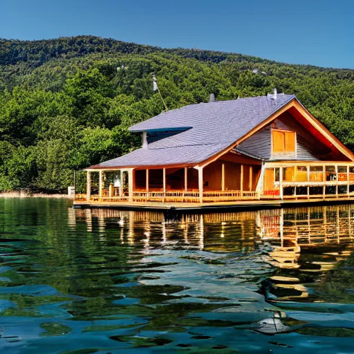 Prompt: lake cabin in croatia, hyper realistic, photograph, f 8. 0, 3 2 mm, kodak