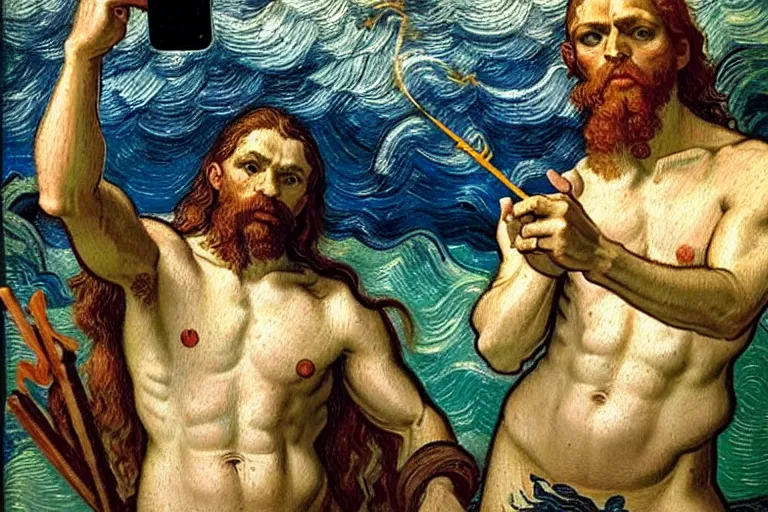 Image similar to hyperrealistic renaissance oil painting of greek god poseidon taking a selfie of himself underwater holding a go pro look king confused holding his trident, highly detailed and intricate by vincent vang gogh and billy butcher