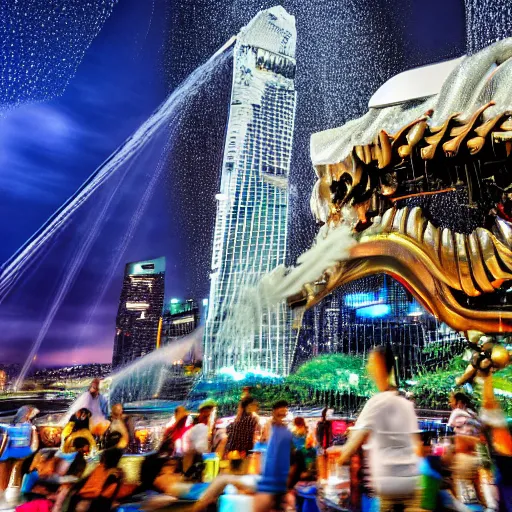 Image similar to large group of people and robots attacking merlion sculpture in Singapore, photorealistic, ultra-detailed, high resolution, HDR shot, cinematic lighting