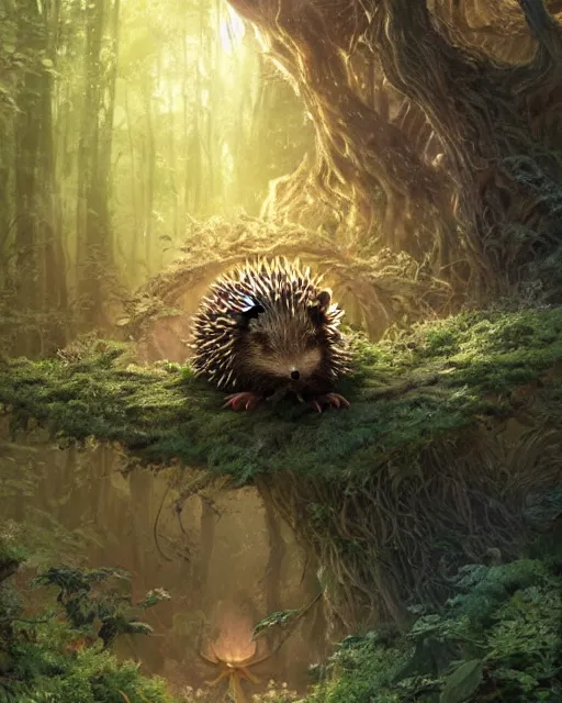 Image similar to Hedgehog druid, gaia, nature, fairy, forest background, magic the gathering artwork, D&D, fantasy, cinematic lighting, centered, symmetrical, highly detailed, digital painting, artstation, concept art, smooth, sharp focus, illustration, volumetric lighting, epic Composition, 8k, art by Akihiko Yoshida and Greg Rutkowski and Craig Mullins, oil painting, cgsociety