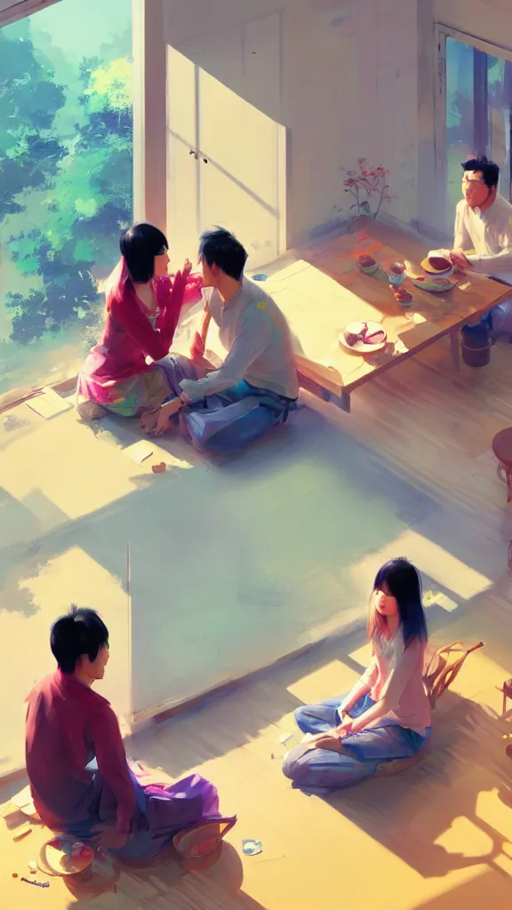 Image similar to wide full shot of asian couple looking at each other, sitting in rural living room, group of table fans placing around the room, day light, colorful mood, digital illustration by kyuyong eom and ruan jia, artstation behance pinterest