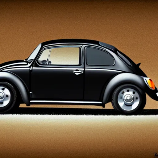 Prompt: a vw beetle, black, photorealistic, 1303s