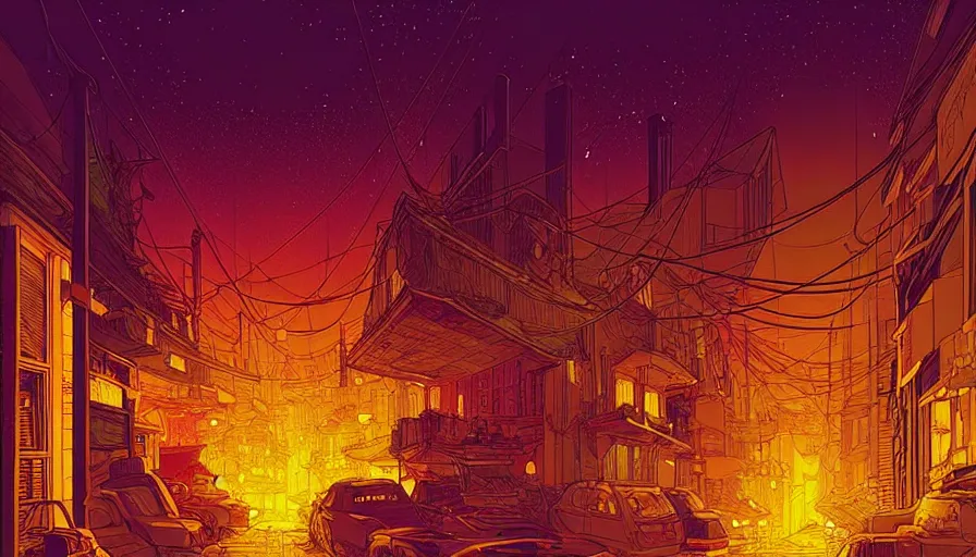 Prompt: an alley of a utopian city at night by moebius and kilian eng, atmospheric, fine details, vivid, neon, masterpiece