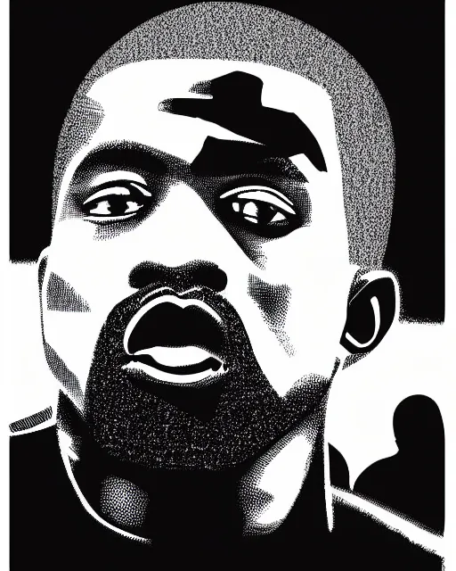 Image similar to Manga black-and-white comic book cross-hatching illustration of Kanye West on black background, fading in to the black background, darkness surrounding his body