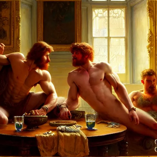 Image similar to attractive muscular mike with ginger hair with attractive tyler with brunet hair, drinking their hearts out, in their noble mansion. highly defined painting, highly detailed painting by gaston bussiere, craig mullins 8 k