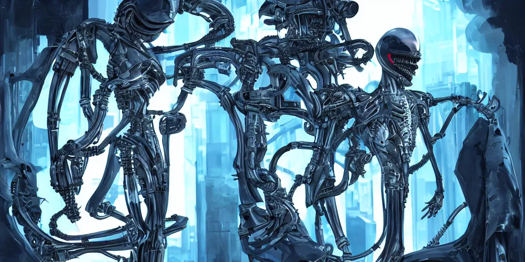 Prompt: the son of the pope as a futuristic xenomorphic cyborg, foating in a isolation cryogenic tubes, cyberpunk, biomechanical, night lighting, blue color, intricate details, hyper realistic, graphic novel color scheme