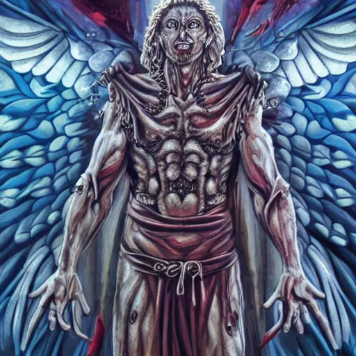 Image similar to 4K headshot portrait of godlike Ripper of Nazareth with defined arms and open hands and bloody clothes with giant mandala wings , intricate face , flawless anime cel animation by Kentaro Miura, psychedelic , highly detailed upper body , professionally post-processed , beautiful, scary, symmetry accurate features, epic, octane rendered, anime masterpiece, accurate by Craig Mullins, ilya kuvshinov, krenz cushart, epic , artgerm trending on artstation by Edward Hopper and Dan Mumford and WLOP and Rutkovsky, beksinski carl spitzweg moebius and tuomas kocar, intricate artwork by caravaggio, Unreal Engine 5, Lumen, Nanite