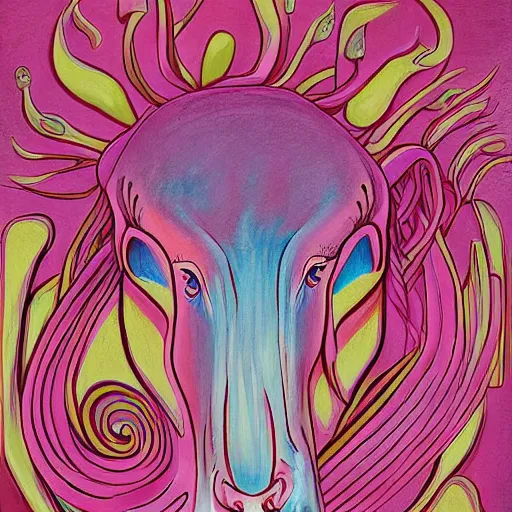 Prompt: a painting irradiated horse head in the style of Jeff Christensen, deep sea creatures, pastel pink background