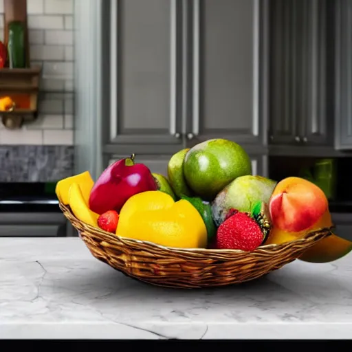 Prompt: a fruit basket on top of a kitchen table, marble statue