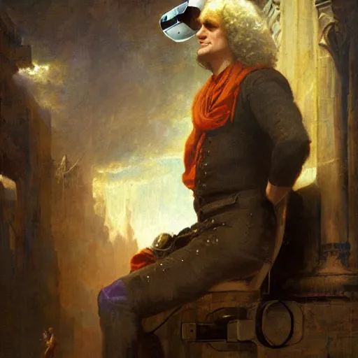 Image similar to portrait of isaac newton using a vr googles oculus rift, artwork by gaston bussiere, craig mullins, trending on artstation