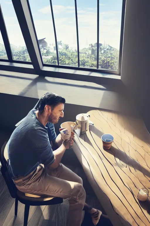 Image similar to a man sitting on a café table mext to a window and holding a cup of coffee at sunset, Pixar style, black hair, 4K, cartoon, concept art, octane render, unreal engine 5, path tracing, complementary colours, serene scene, warm, cute, natural lighting, high quality, highly detailed, high coherence, defined face, five fingers, anatomically correct, soft lighting, close view, digital art, trending on DeviantArt