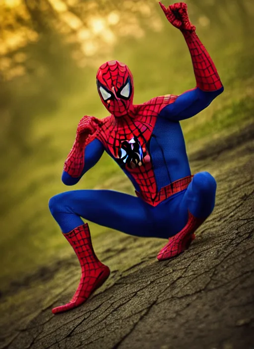 Image similar to photo of spiderman ,realistic 35mm, f/1.4, Golden Hour light, ,