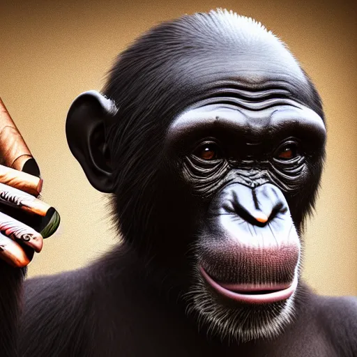 Image similar to a high detail shot of a chimp wearing a suit, smoking a cigar, render, cgsociety, photorealism