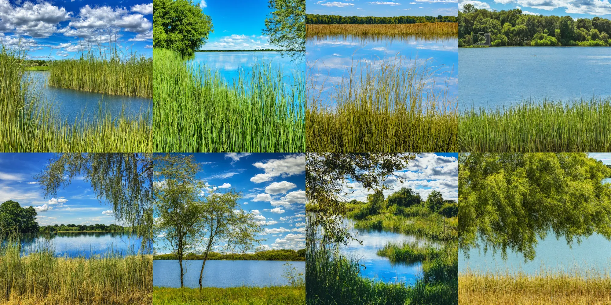 Prompt: A photo of a lake on a sunny day, blue sky with clouds, beautiful, small reeds behind lake, bushes in the foreground, varied trees in the back, summer, 4k, in the style of Kieran Stone, in the style of Mandy Lea