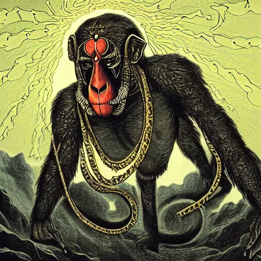 Prompt: mandrill descending from heaven, in the style of deathspell omega's fas album cover, illustration, detailed