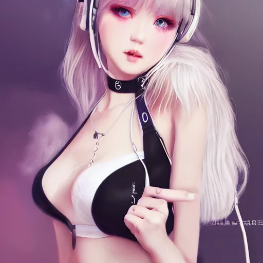 Image similar to realistic teasing detailed semirealism beautiful gorgeous cute Blackpink Lalisa Manoban white hair white cat ears blue eyes, wearing black camisole outfit, headphones, black leather choker full HD 4K high resolution quality WLOP, Aztodio, Taejune Kim, Guweiz, Pixiv, Instagram, Artstation