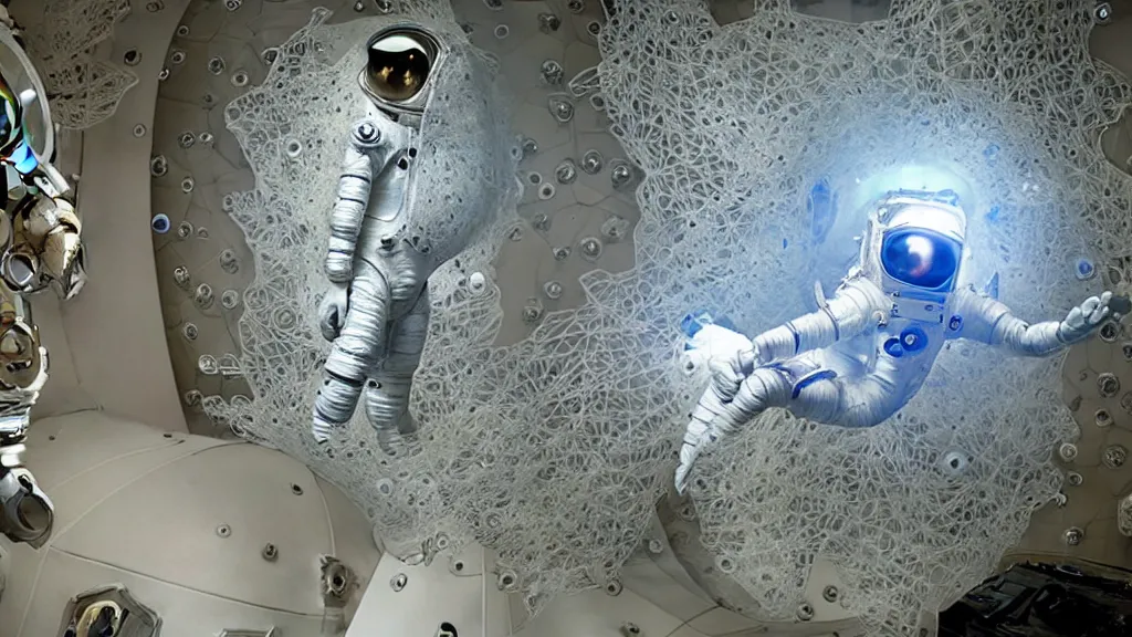 Image similar to a astronaut eva suit covered in diamond 3d fractal lace iridescent bubble 3d skin and covered with insectoid compound eye camera lenses floats through the living room, film still from the movie directed by Denis Villeneuve with art direction by Salvador Dalí, wide lens,