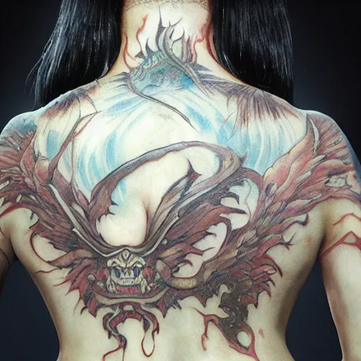 Prompt: An Asian woman with a full-body tattoo of the Dark Arts with her back turned to the camera highly detailed, fullbody, artstation, dark fantasy, horror, Silent Hill game, concept art, smooth, sharp focus, illustration, art by greg rutkowski and orientalism and bouguereau and Zdzislaw Beksinski, good clear quality, lighting, biology, symmetrical artwork, perfect face, 135 mm, cinematic, hyper realism, high detail, octane render, 8k, chrome accents