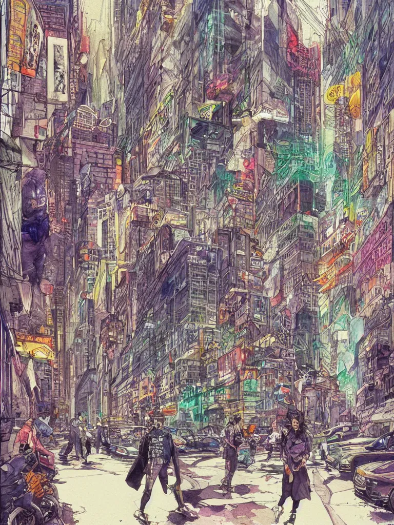 Image similar to busy futurepunk streetcorner, intricate colorful watercolor and ink artwork by moebius. trending on artstation, very coherent symmetrical artwork. cinematic, hyper realism, high detail