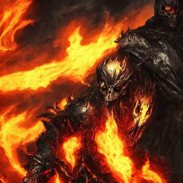 Prompt: Ghost Rider, flaming grim reaper, the pits of hell, headshot photo, character concept, dark souls concept art, Feng Zhu concept art, dramatic lighting, highly stylized, trending on artstation, high-quality wallpaper, desktopography