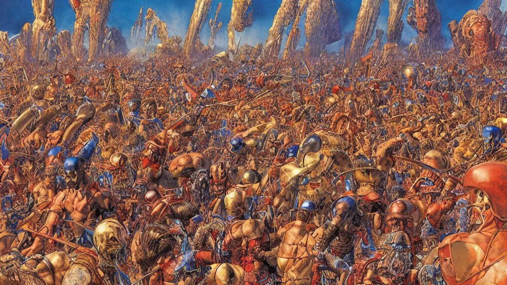 Prompt: A highly detailed panorama of the Sumerians fending off the Old Ones by Jean Giraud