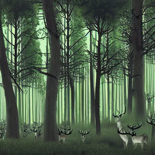 Image similar to a cybernetic ecology. joined back to nature, all watched over by machines of loving grace. a cybernetic forest filled with pines and electronics where deer stroll peacefully past computers as if they were flowers with spinning blossom