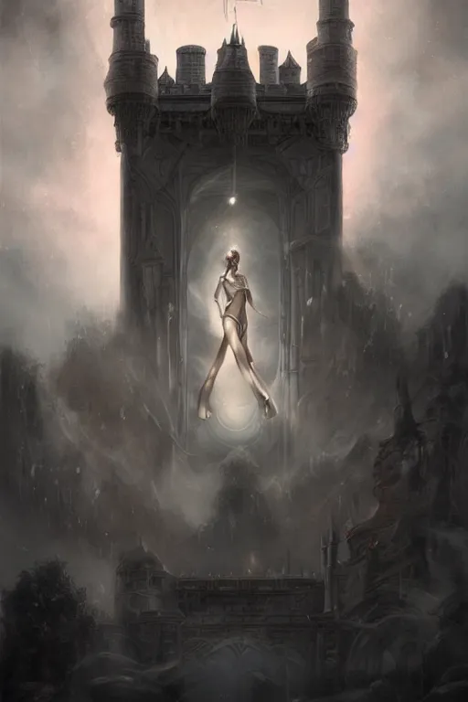 Image similar to By Tom Bagshaw and Boris Vallejo, ultra realist soft painting of a castle court by night, centered female princess fully dressed, horror, omnious sky, symmetry accurate features, very intricate details, fading rainbow light, black and white, volumetric light clouds, artstation, 8K