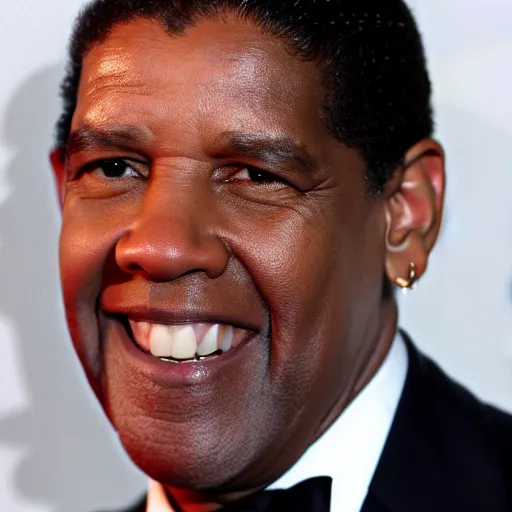 Prompt: Denzel Washington without teeth smiles with long hair