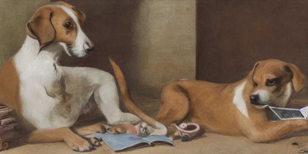 Image similar to a dog reading a book, by berthe moriso