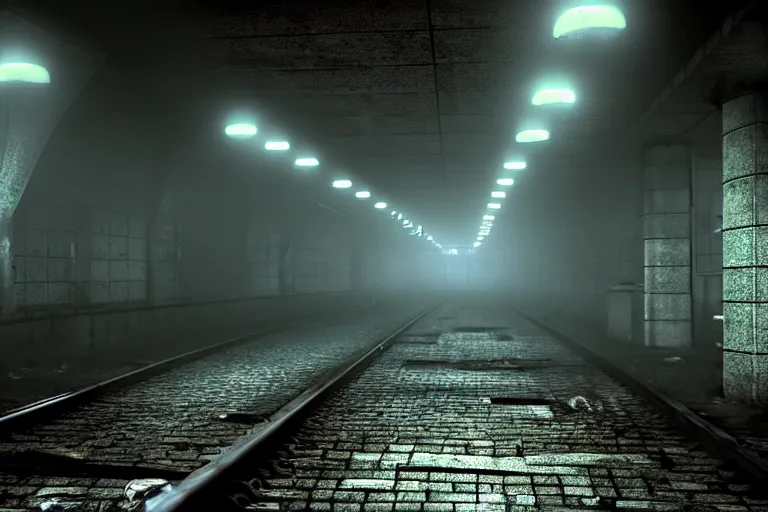 Image similar to very large giant mutant zombie irradiated ( angry rat ) staying on railways in tonnel of moscow subway. tonnel, railways, giant angry rat, furr, fangs, claws, very realistic. fog, silent hill style, extreme long shot, herman nitsch, giger, unreal engine.