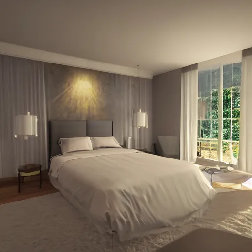 Prompt: a large bedroom lit by an semidirectional light source, liminal, octane renderer, video game asthetic, award winning