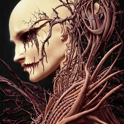 Prompt: centered horrific detailed side view profile portrait of the angel of death, ornamentation, thorns, vines, elegant, beautifully soft lit, full frame, by wayne barlowe, peter mohrbacher, kelly mckernan, h r giger