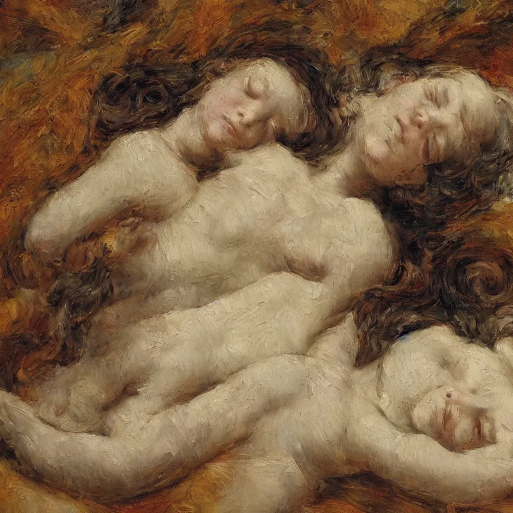 Prompt: texture of 3d high relief painting of beautiful sleeping girls painted in the style of the old masters, painterly, thick heavy impasto, expressive impressionist style, painted with a palette knife