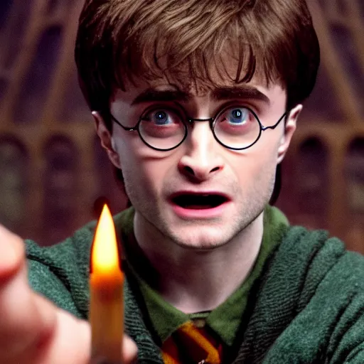 Prompt: daniel radcliffe as harry potter casting a spell at voldemort, realistic artstyle, wide shot, hd, cinematic, 8 k, 4 k