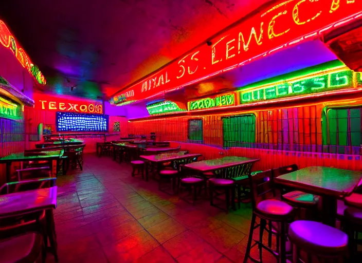 Prompt: photo of a mexican restaurant, neon lights, in a flat snowy field. 35mm. Very detailed 8k. Sharp. Cinematic post-processing. Unreal engine. Ray tracing. Parallax. Tessellation