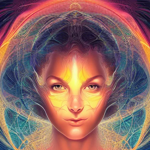 Image similar to beautiful portrait of gorgeous contentment and intelligence, spatial deformation in latent space, math art, astral plane, key light, by artgerm and dan mumford and gustave dore