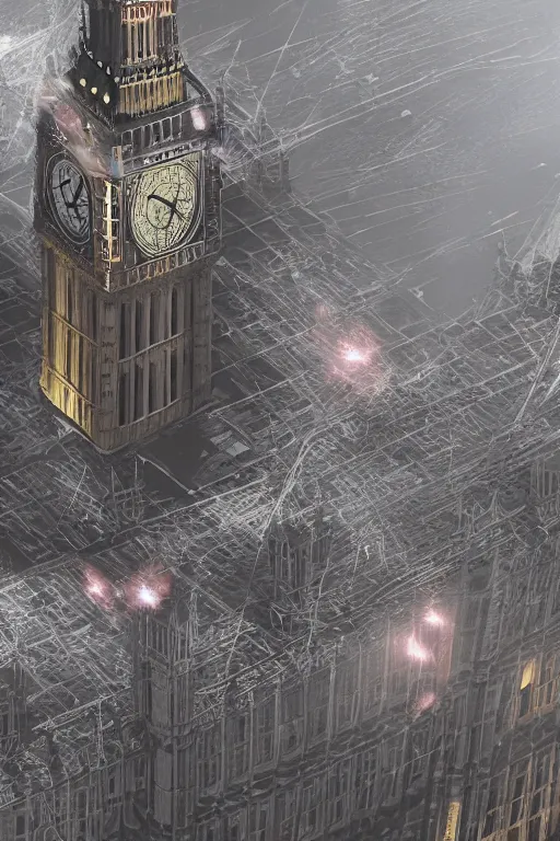Prompt: photography of a hyghly detailed ghost pirate ship flying above big ben. london. intricate, hyper realism, professional digital art, unreal engine 5, 8 k render, sharp focus, trending on art station.