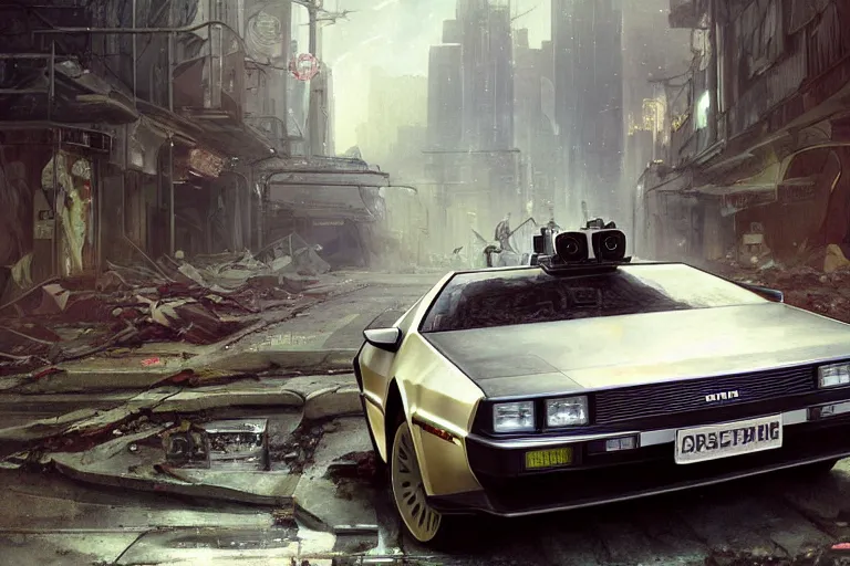 Image similar to photograph of the delorean driving down the streets of a cyberpunk abandoned city, by greg rutkowski, by stanley artgerm, by alphonse mucha