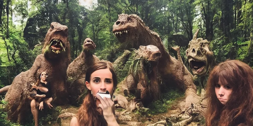 Prompt: photo, hairy fat cave people, emma!! watson!!, looking at camera, surrounded by dinosaurs!, gigantic forest trees, sitting on rocks, bright moon, birthday cake on the ground, front close - up view of her face, selfie, jelly! monster!