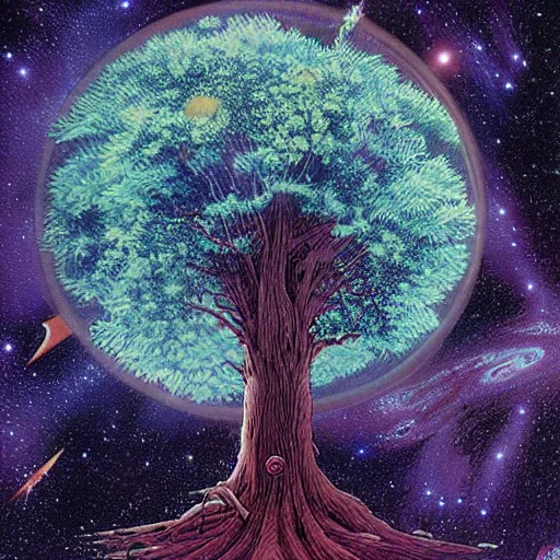 Image similar to a large tree hovering in space, rooted in a galactic crystal, by moebius