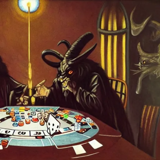 Prompt: baphomet plays poker with Aleister Crowley