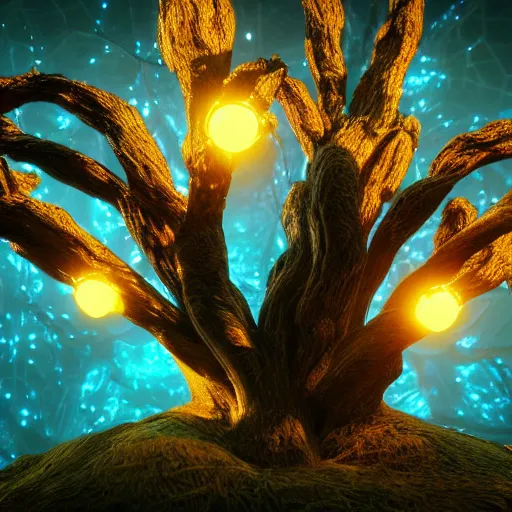 Prompt: a macro photograph of a bulbous glowing creature on a tree branch, hyperdetailed, retro futurism, unreal engine