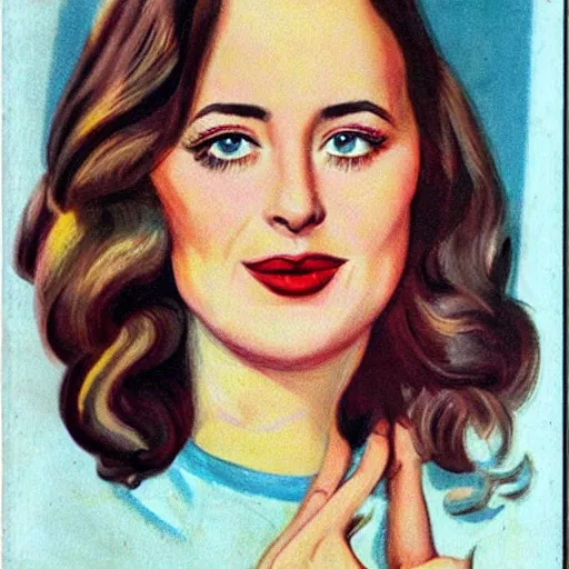 Prompt: “Dakota Johnson portrait, color vintage magazine illustration 1950”