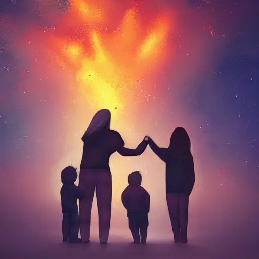 Image similar to A family hugging each other for the last time as the world is ending, meteors are falling from the sky, everything is on fire, dramatic lighting, digital art, very very very very very very beautiful, 8K, dark lighting, trending on Artstation, award winning