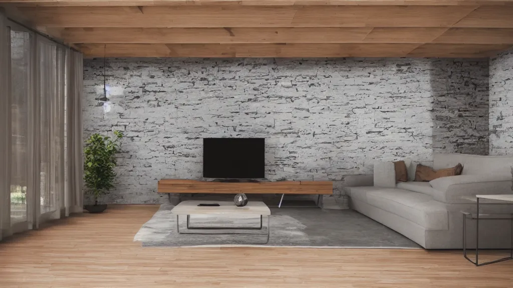 Image similar to hyper realistic one point perspective of living room, wood, concret, brick