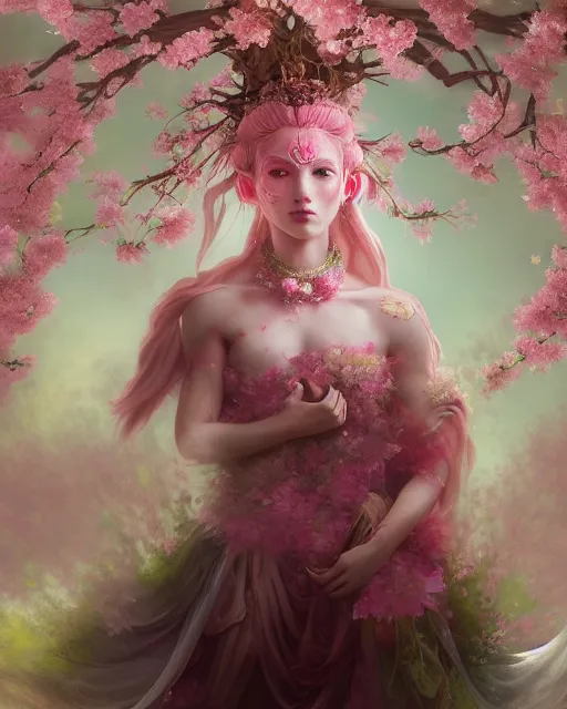 Prompt: Full View Portrait Mystical ethereal Cherry blossom deity made of Sakura blossoms wearing beautiful dress, Sakura Dryad made of Sakura beautiful dress with pink hair, 4k digital masterpiece by Greg Rutkowski and Ruan Jia and rossdraws, Alberto Seveso, fantasycore, Hyperdetailed, realistic oil on linen, soft lighting, Iconography background, featured on Artstation