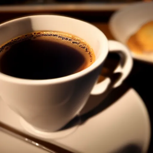 Prompt: realistic detailed photo of a steaming cup of coffee on a saucer with a flaky pastry on the side and a coffee spoon next to it on the table in a hotel lobby, liminal, hdr, volumetric lighting, dim light, diffuse light, depth of field