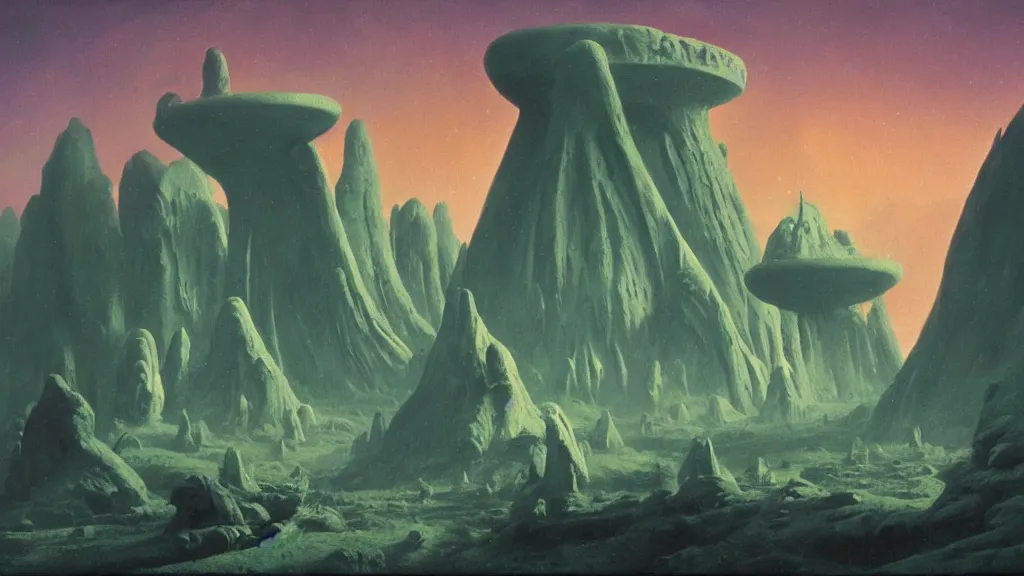 Image similar to mysterious sculpture of an alien civilization by paul lehr and john schoenherr, cinematic matte painting